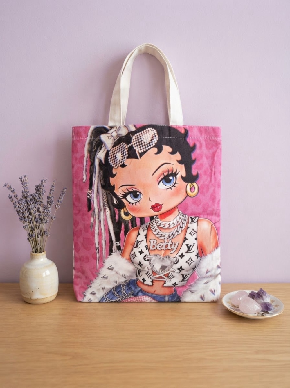 Pink Betty Graphic Tote Bag with Ivory Handles